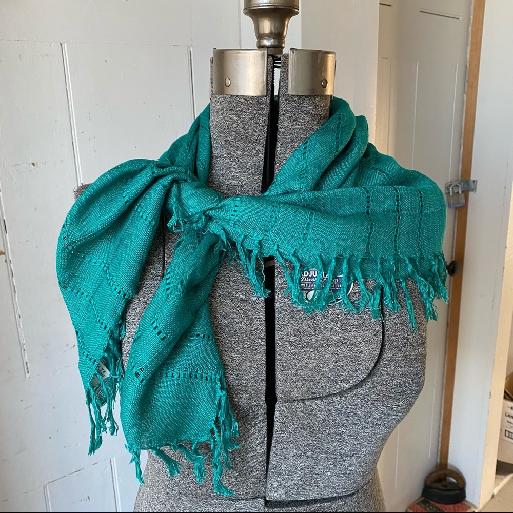 Turquoise Openwork Fringe Rayon Rectangle Scarf
